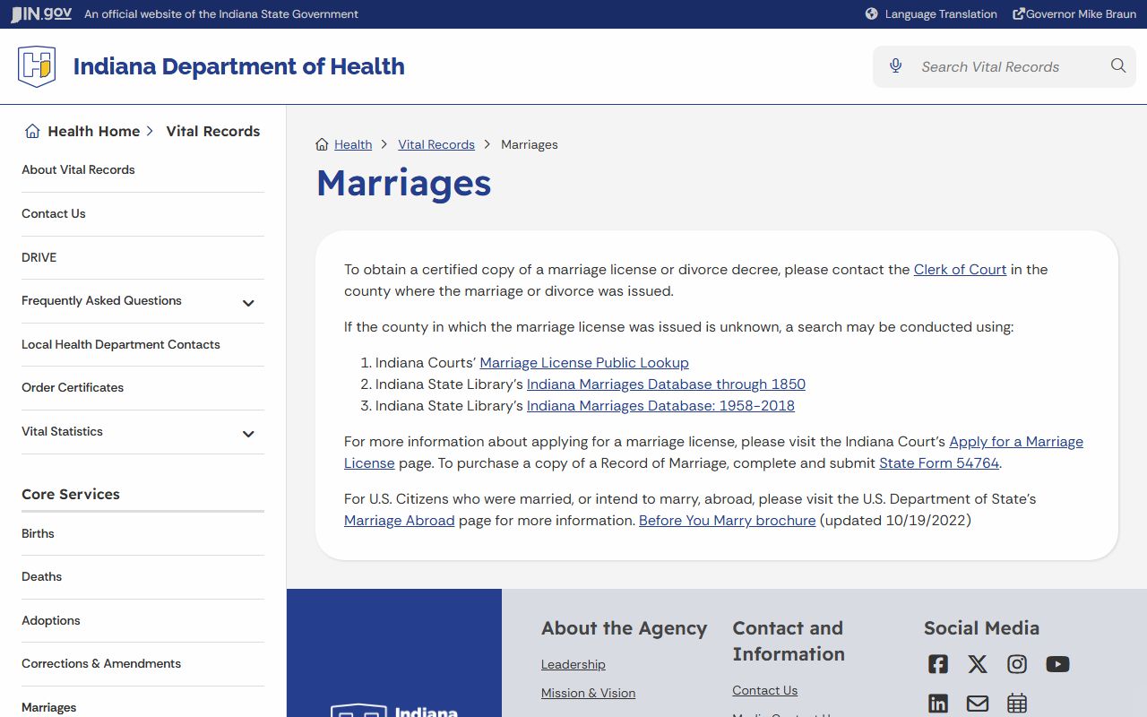 Howard County marriage records Indiana Department of Health marriages page