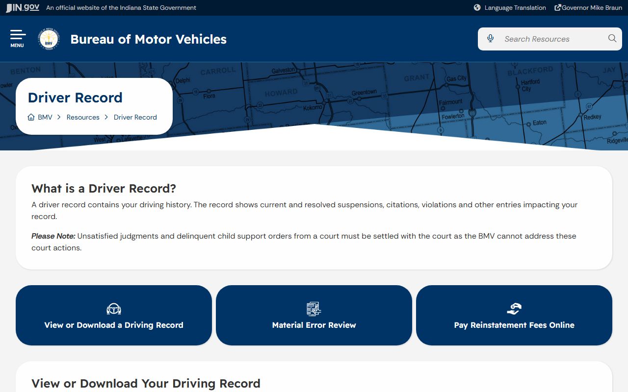 Howard County traffic court records Indiana BMV driver record page
